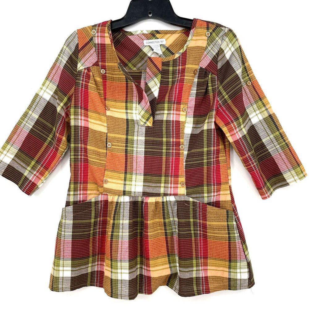 Connection 18 Roll Tab Sleeve Button Plaid Pleated Front Top Shirt Women Size S
